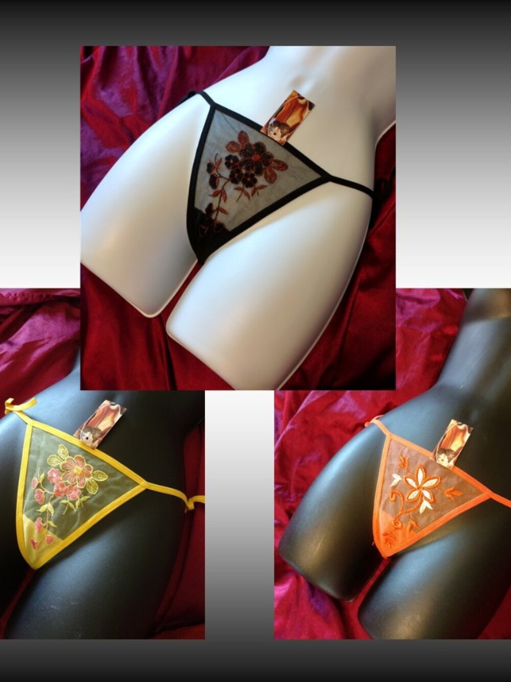 Bundle of Mesh Side-Tie Thong Panties NWT OSFM Black, Yellow & Orange